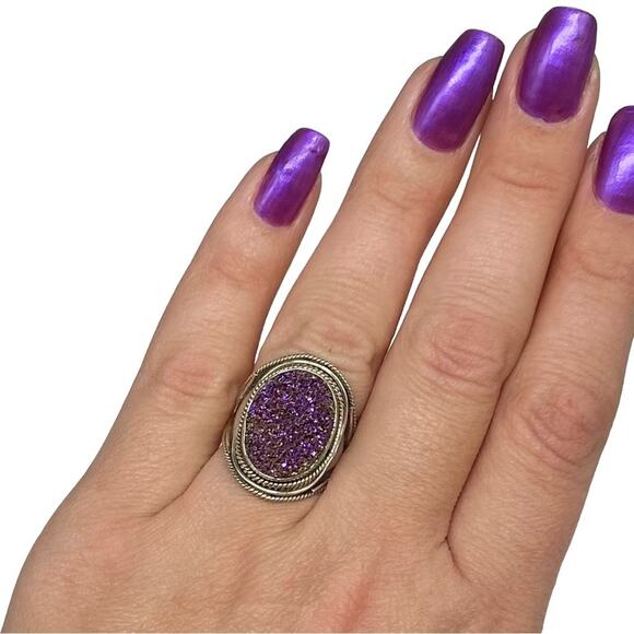 Purple Druzy Ring Solid Sterling Silver 925 Size 6 Natural Stone Oval Boho - Picture 1 of 9